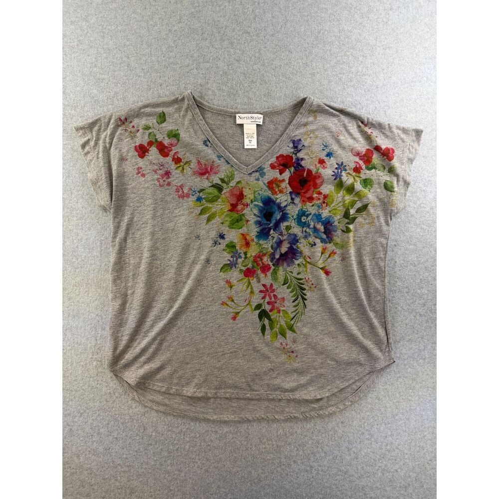 NorthStyle Women's XL Floral V-Neck Dolman Top Gray Short Sleeve Made in USA
